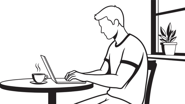 Man working on laptop with coffee in a cafe setting