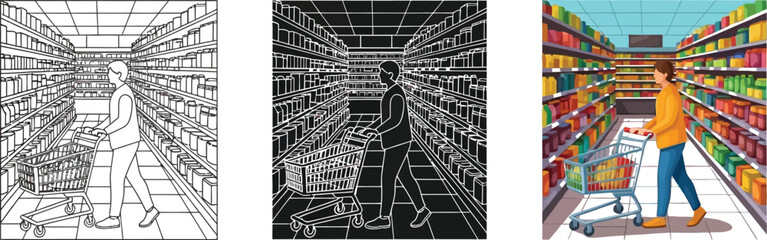 Illustration of a person shopping in a supermarket aisle, presented in three styles