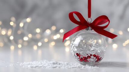 Clear christmas ornament with red bow and festive background for holiday decoration