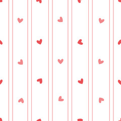 A seamless pattern with pink hearts and vertical lines. This hand drawn for wrapping paper and cards for Valentine's Day. Illustration in a childish simple style.