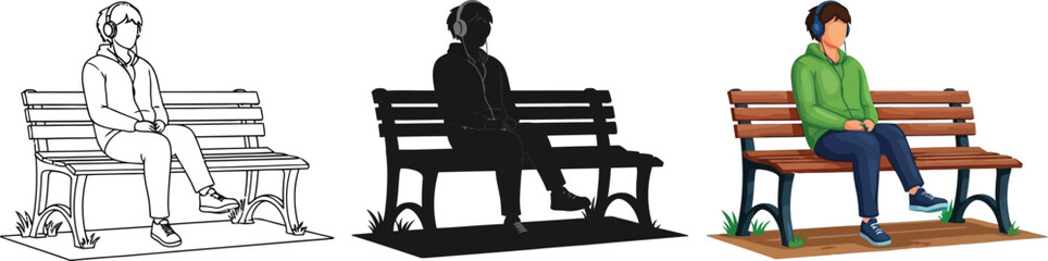Three variations of a man sitting a park bench listening to music