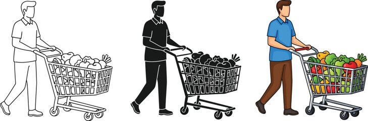Three variations of a man pushing a shopping cart full of groceries