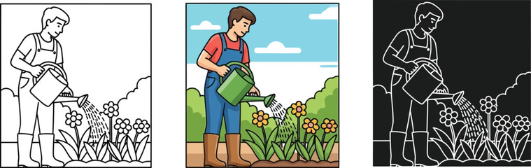 Three different styles of a gardener watering flowers in garden
