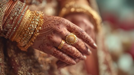 Indian Bride’s Mehndi Hands with Traditional Gold Rings and Bangles Close-Up

