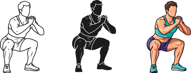 Three versions of a man doing a squat exercise