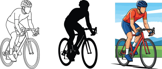 Three versions of a cyclist riding a bike