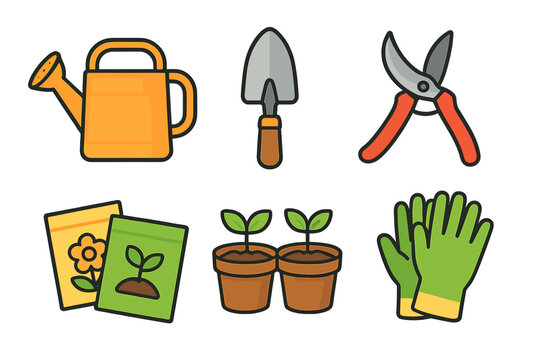 Colorful set of essential gardening tools and planting icons