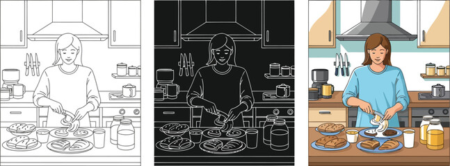 Woman cooking in kitchen preparing healthy meal with vegetables and ingredients for family