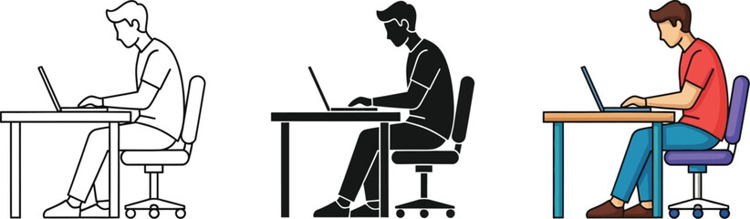 Man working laptop in three different styles, line art, silhouette and full color illustration
