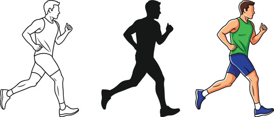Man running in three different styles, line art, silhouette and full color illustration