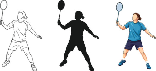 Badminton player in action, three different styles outline, silhouette, and full color