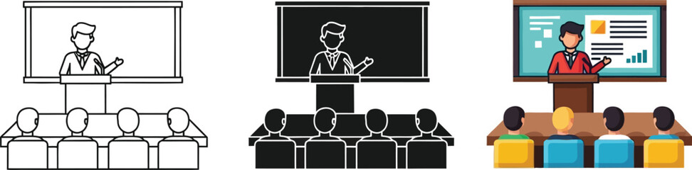 Lecturer giving a presentation, three different styles outline, silhouette, and full color