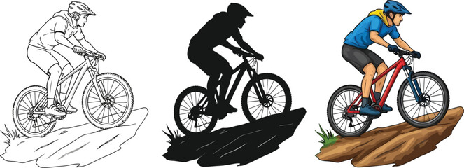 Mountain biker riding a trail, three different styles outline, silhouette, and full color