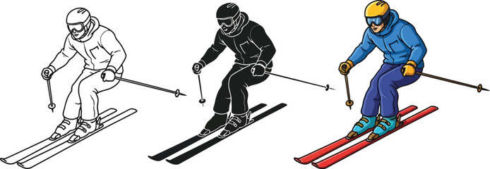 Skier in different styles outline, silhouette, and color version for various design needs