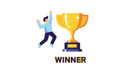 A joyful man celebrates a brilliant win with a golden trophy silhouette