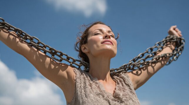 Woman Breaking Free From Chains Under a Bright Sky Expressing Freedom From Fear and Mental Barriers