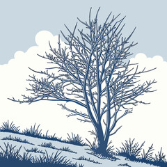 Obraz premium Blue bare tree silhouette on a hill with clouds and grass vector illustration