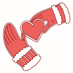 Red mittens hands passing a red heart on a transparent background love giving