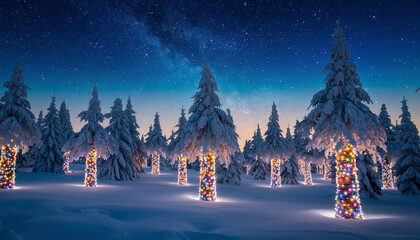 a snow-covered forest with trees illuminated by colorful lights, a dark blue sky, and a calm, magical atmosphere.