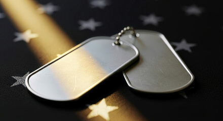 Dog tags on fabric with star pattern, symbol of honor and veterans day remembrance.