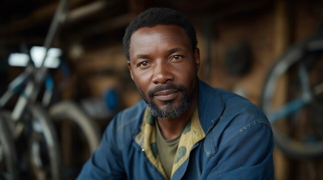 Veteran repairing bicycles for local children at a small community workshop — concept of compassion, craftsmanship, volunteer spirit, and veterans finding new purpose by helping others through
