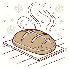 Freshly Baked Loaf of Bread with Steam on Wooden Board and Snowflakes baking food