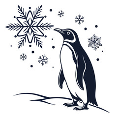 Penguin Silhouette with Snowflakes on White Background bird animal