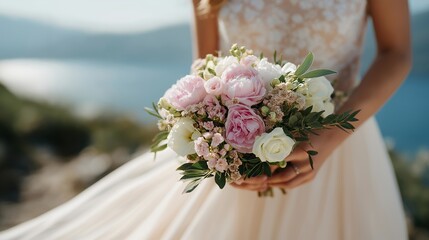 Close-up of hands and bouquet with sunlight filtering through flowers, dress gently swaying in breeze — representing natural beauty, whimsical bridal portrait, carefree elegance, and romantic boho