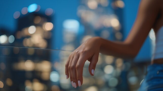 Soft glow from skyscrapers lighting silhouette of arm — representing modern lifestyle balance, quiet thought, and emotional stillness in the city. cinematic color correction, natural uneven