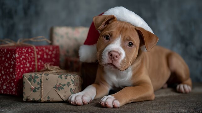Playful puppy with Santa hat tilted sideways sniffing wrapped presents — representing joyful Christmas pets, authentic lifestyle photography, and festive emotional connection between animals and