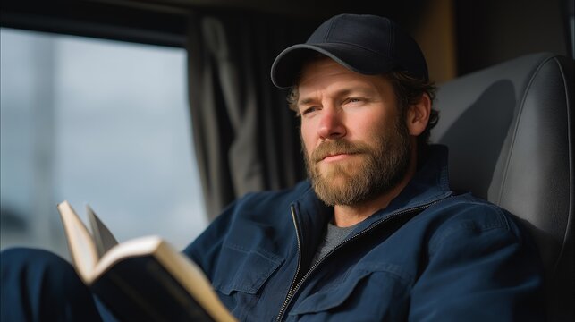 Truck driver resting in the sleeper cab of his vehicle, reading a book under soft cabin lighting — a peaceful, introspective scene that highlights the balance between long work hours and moments of