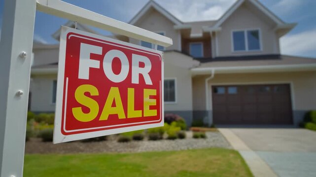 Realistic 4K panning video of a “For Sale” sign placed in front of a new suburban house. Perfect for real estate marketing, property listings, and investment visuals