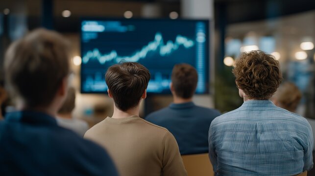 Corporate team gathered in sleek office setting, watching live NFT auction on massive digital screen, their faces illuminated by animated crypto graphics — representing digital investment trends,