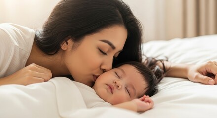 Tender Moment: A mother tenderly kisses her peacefully sleeping baby, enveloped in a blanket, captured in a heartwarming display of affection and boundless love.