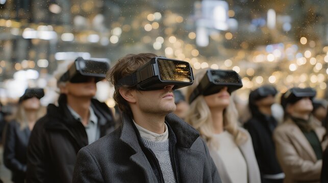 Group of people wearing VR headsets participating in a virtual reality auction filled with floating 3D objects and holographic displays — concept of metaverse commerce, interactive digital