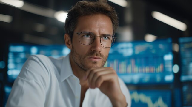 Close-up of individual professional pausing at a key node with interactive holographic data charts — representing personalized career decision-making, opportunity analysis, and strategic