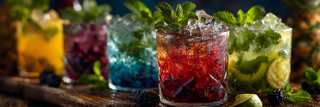 Colorful tropical mocktails shimmer with ice and mint, perfect for midsummer revelry or a quirky Arthurian festivity