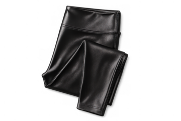 Black faux leather leggings providing modern style and comfort, women's fashion apparel with elastic waistband, transparent background