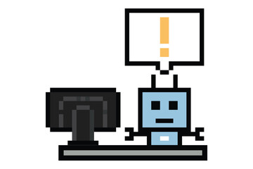 Cartoon pixel art of humanoid robot learning toy robotic engineer bot machine business vector character automation electronic background 8 bit artificial intelligence concept.
