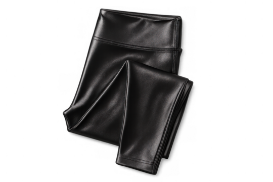 Black faux leather leggings providing modern style and comfort, women's fashion apparel with elastic waistband, transparent background