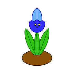 Cute cartoon blue flower with a happy face in soil