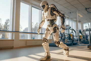 Robot walking in a modern gym during the day, showcasing advanced technology and design