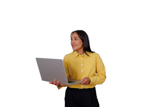 Professional woman holding laptop looking away, smiling confidently in business technology and remote work concept