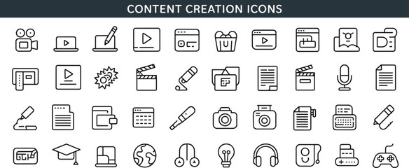 content, creation, icons, video, camera, microphone, editing, writing, document, play, multimedia, headphones, tools, media, education, symbol, minimal, black, white, interface