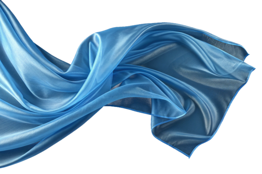 Silk's lustrous blue fabric flutters in the breeze against a transparent background. Composition material. Already cut out.