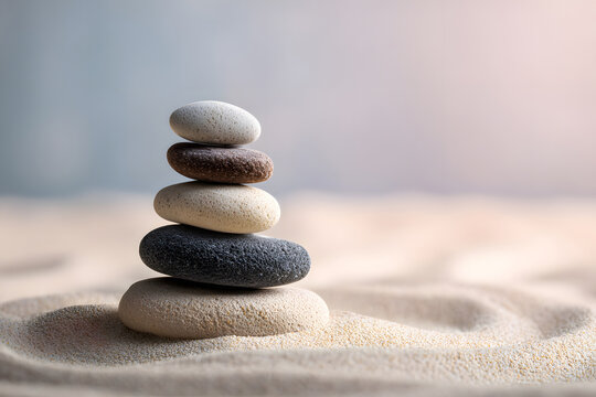Calm stacked stones on sandy beach create a serene atmosphere at sunset