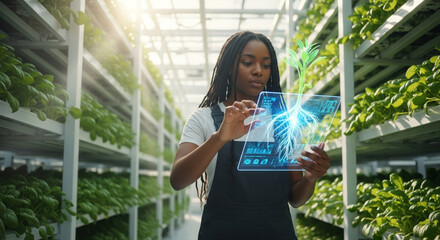 Innovative Bio-Engineer with Locs Examining a 3D Plant Hologram in a Sunlit High-Tech Vertical Farm