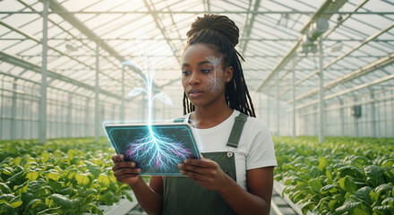 Innovative Bio-Engineer with Locs Examining a 3D Plant Hologram in a Sunlit High-Tech Vertical Farm