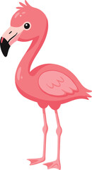 Naklejka premium Cartoon pink flamingo illustration, cute bird character, tropical animal design, children’s book graphic, playful wildlife art, vector isolated drawing