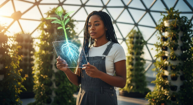 Innovative Bio-Engineer with Locs Examining a 3D Plant Hologram in a Sunlit High-Tech Vertical Farm